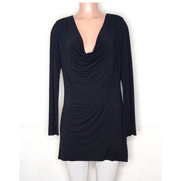 Alice + Olivia Black Draped Cowl Neck Long Sleeve Tunic Top Base